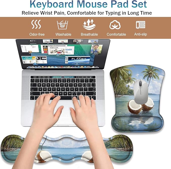 Ergonomic Keyboard Wrist Support Pad and Wrist Support Mouse Pad Anti-Slip with Gel Memory Mouse Pad Set Suitable for Office Use/Home Use - Coconut Beach