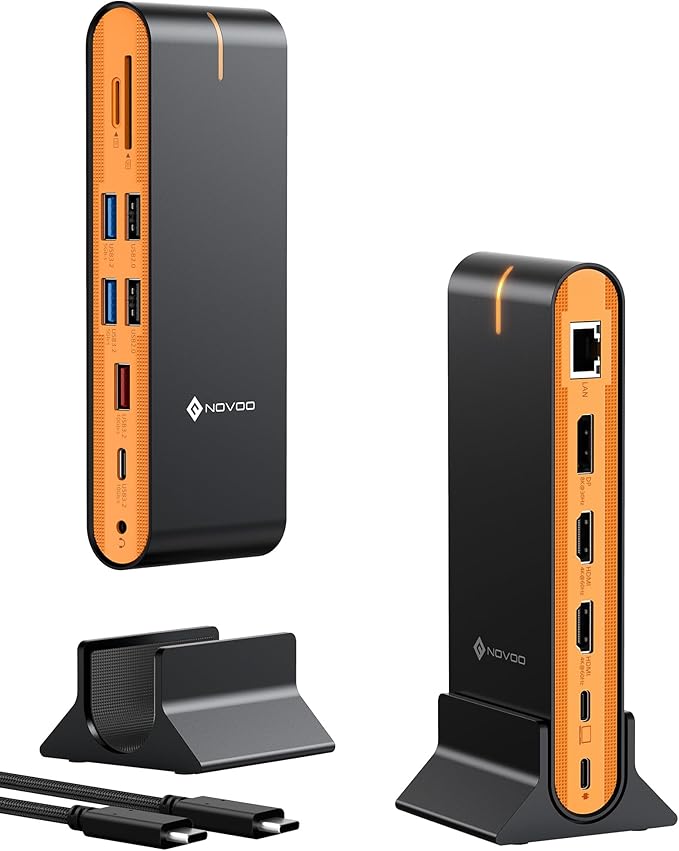 NOVOO Laptop Docking Station Dual Monitor 15 in 1 Triple Display 8K@30Hz DP Dual 4K@60Hz HDMI 10Gbps USB-A/C SD/TF 1Gbps Ethernet Dual Monitor Adapter Dock for MacBook Windows Laptops