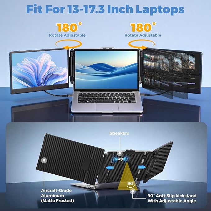 JoyReal Laptop Screen Extender 14 FHD 1080P IPS Portable Monitor for Laptop Triple Screen Extender Monitor USB-C/HDMI Plug-Play for Windows Mac Fit 13-17.3 Laptops
