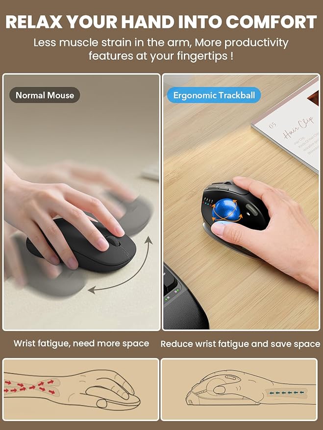 MAM1 Pro Wireless Trackball Mouse Ergonomic Bluetooth Rechargeable Computer Mouse Backlit Rollerball Thumb mice with 5 Level DPI Adjustable Angle 3 Devices Connection for PC Windows - Blue Ball