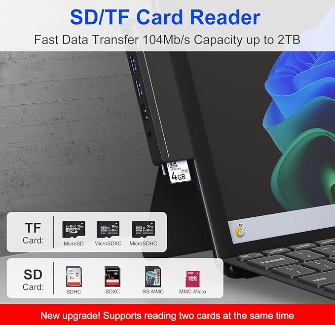 Surface Pro 8/9/X/10 Dongle - Surface Pro 9 Adapter with 4K HDMI Thunderbolt 4 (8K@30Hz Video+40G Data+100W PD) USB 3.0 SD/TF Reader 3.5mm Audio Surface Pro 9 Docking Station Hub