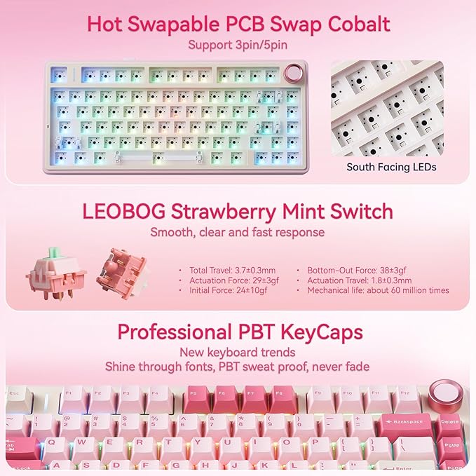 AULA F75 Wireless Keyboard 75% Gaming Keyboard Hot Swappable with Creamy SoundBluetooth/2.4GHz/USB-CCustom RGB Mechanical Keyboard for PC Gamer - Pink