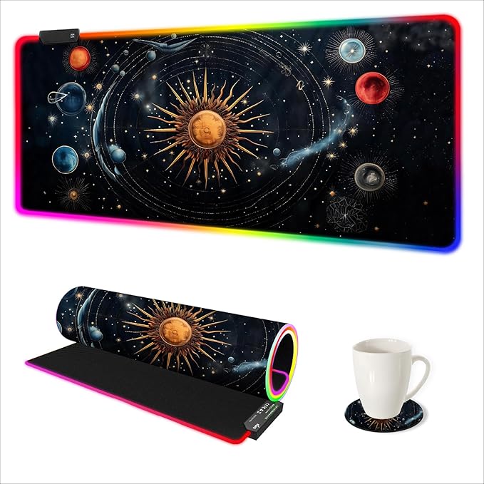 AIMSA RGB Mouse Pad LED Gaming Mouse Pad with 14 Lights Modes Non-Slip Rubber Base Computer Carpet Desk Mat for PC Laptop (35.4 x 15.8 inch) Abstract Solar System