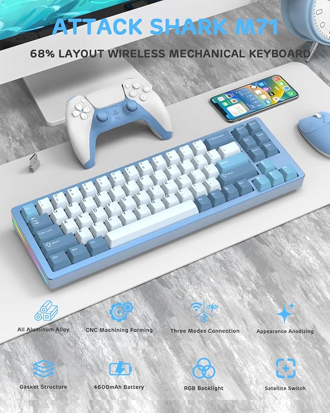 ATTACK SHARK M71 75% TKL Wireless Mechanical KeyboardFull Aluminum CNCBT5.0/2.4G/USB-CHot-swapRGB LEDNKRO Gaming Keyboard4600mAhPre-lubed Linear SwitchCustom Gasket Mount for PC Mac/Win(Blue)