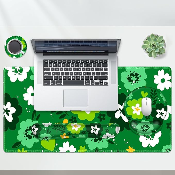AIMSA Keyboard Mouse Pad Wrist Rest Set Large Gaming Mouse Desk Pad with Wrist Support Ergonomic Design 4 in 1 Mousepad for Home Office Green Flowers