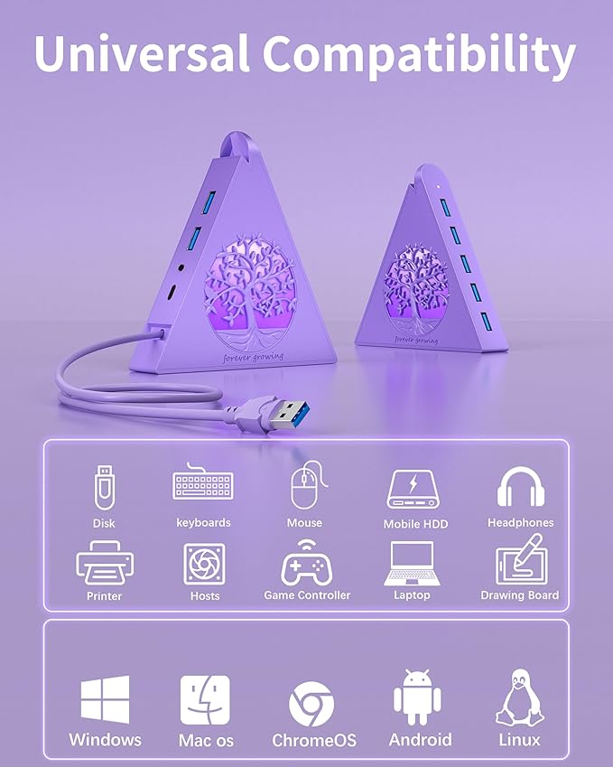 7-Port USB 3.0 Hub Light Purple Vertical USB Splitter with Tree-Inspired RGB Lights 5Gbps High-Speed Transfer 2FT Cable Compatible with MacBook PC Flash Drive Console Printer Camera