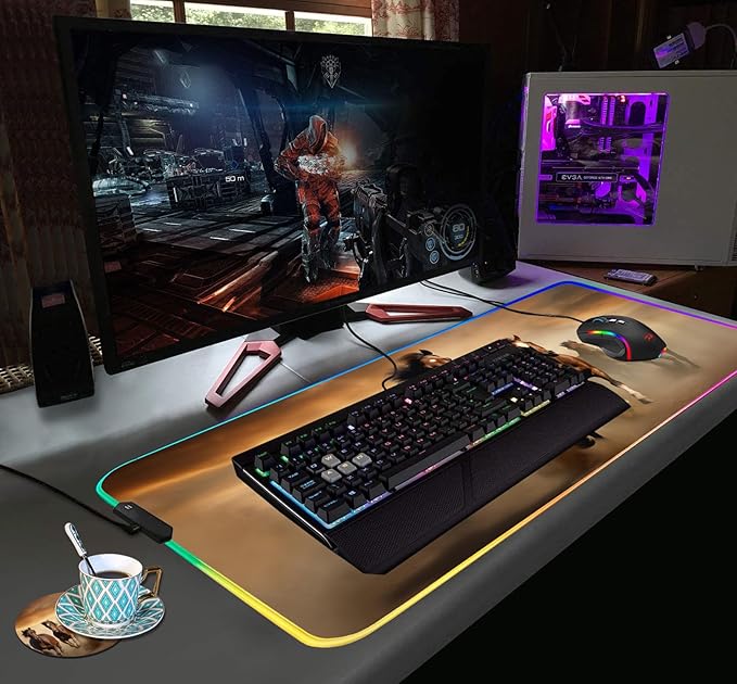 RGB Gaming Mouse Pad with Coffee Coaster XXL Large Glowing LED Mousepad Anti-Slip Rubber Base Computer Keyboard Desk Mouse Mat 31.5 X 11.8 Inch - Galloping Horse