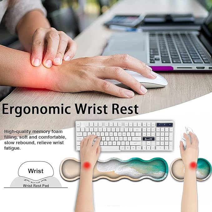 Gaming Mouse Pad and Keyboard Wrist Rest Large Extended Mouse Pad31.5X 11.8Ergonomic Memory Foam Wrist Rest Support+Desk Mat Protectorfor Office/Home Writing Pad Beach Pattern Mousepad