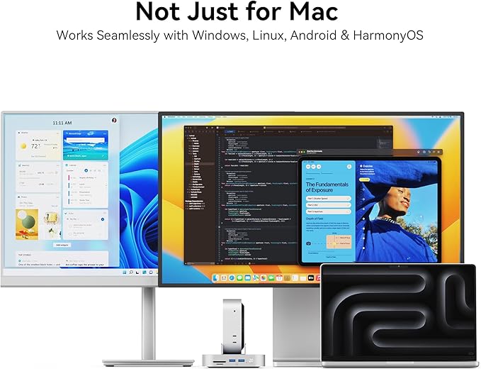 Yottamaster 9 in 1 Mac mini M4 Dock 10Gbps with 8TB NVMe SATA SSD Enclosure Aluminum Mac mini M4 Stand and Hub Built in Cool Fan USB-A*2/USB-C 10Gbps USB-A 2.0 * 2 3.5mm Audio*2 TF/SD