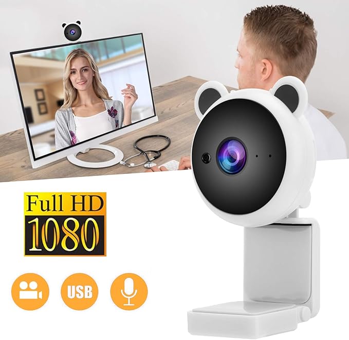 Webcam HD USB Computer Camera Webcam with Mic Video Recordin Diital Webcam for Live Broaast(White)