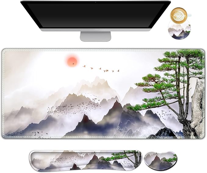 AIMSA Large Gaming Mouse Pad Set Keyboard Wrist Rest Support + Extended Mouse Pad + Mouse Wrist Cushion + Coaster Ergonomic Memory Foam Desk Mat 35x15.7in Anti-Slip Base (Pine Tree Mountains)