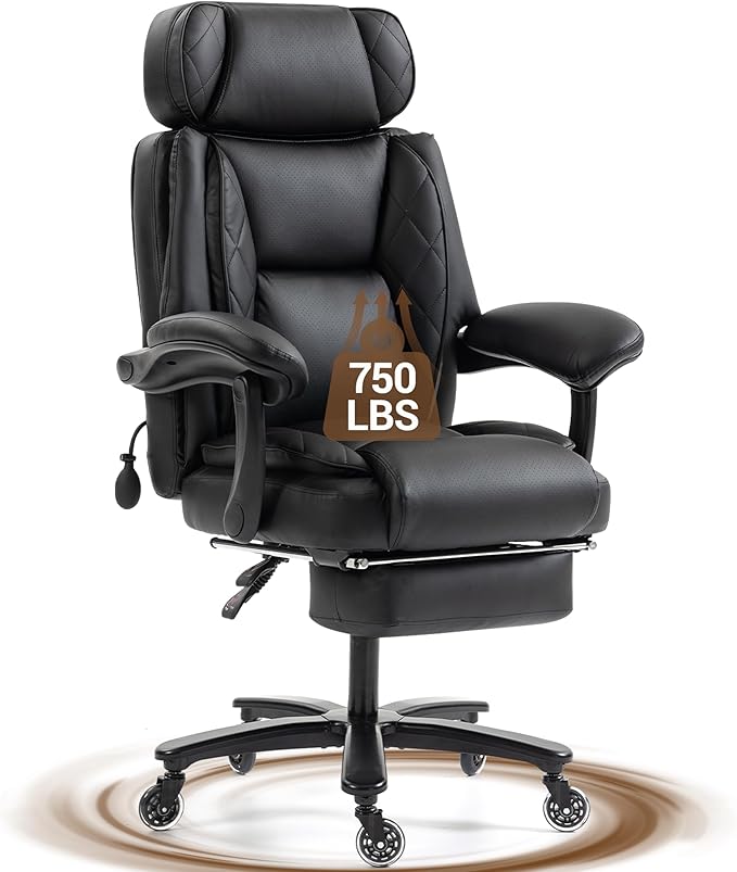 Big and Tall Office Chair for Heavy People Heavy Duty Executive Office Desk Chair with Footrest Waist Lumber Support Adjustable Headrest Black