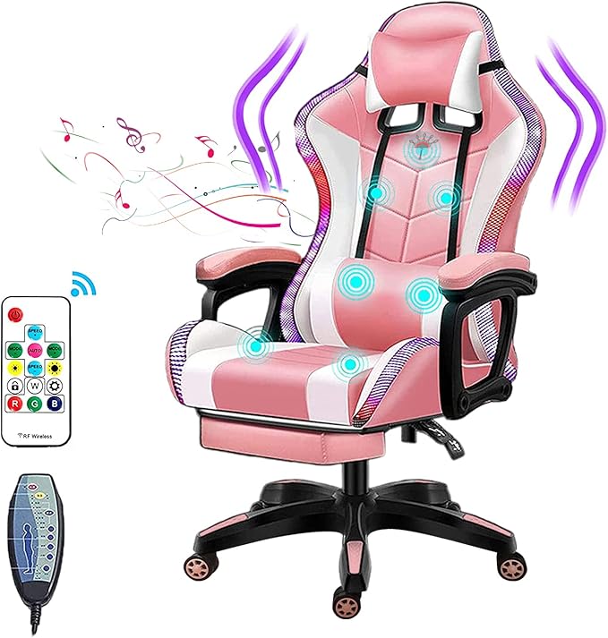 Gaming Chair Massage with Footrest RGB Gaming Chair with Speakers Video Game Chair with Headrest and Lumbar Support Backrest Adjustable Reclining Gamer Chair