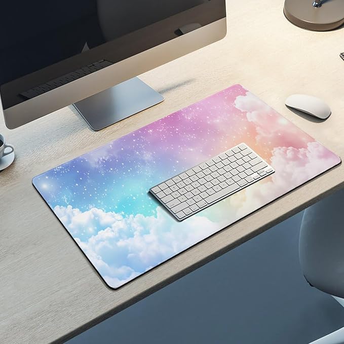Dreamy Colorful Cloud Mouse Pad Large Desk Mat Extended Keyboard Mouse Pad with Non-Slip Base and Stitched Edge Mouse Mat Desk Pad 30x16 Mouse Pads for Desk Home Office Gaming
