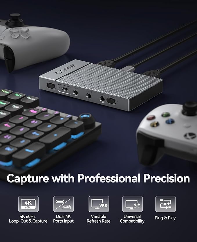 ORICO IS6 4K Portable HDMI Capture Card with Dual 4K@60Hz Inputs – Compatible with PS5 Xbox Switch OBS &amp More for Live Streaming &amp Recording Works on PC Mac Laptop iPad