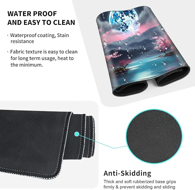 Large Gaming Mouse Pad+Memory Foam Ergonomic Keyboard Wrist Rest Support+Wrist Rest+Coaster Extended Desk Pad Set Stitched Edge Non Slip Desk Mat 4PC for Office &amp Home Moon Cherry Blossom