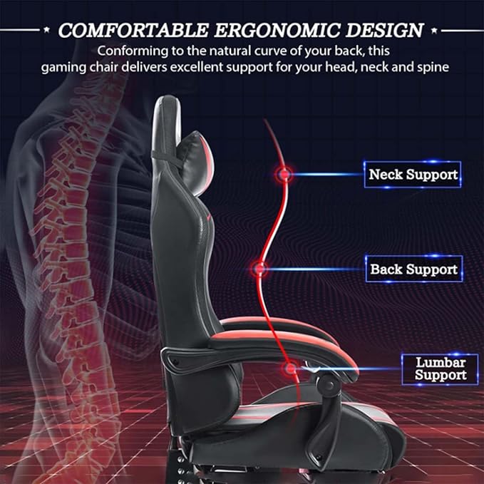 TBQATNTS Ergonomic Gaming ChairErgonomic Video Game Chair With MassageWith Footrest Video Game Chair High BackLed LightsSeven Point MassageWith Adjustable Lumbar SupportFor Office Or GamingWhit