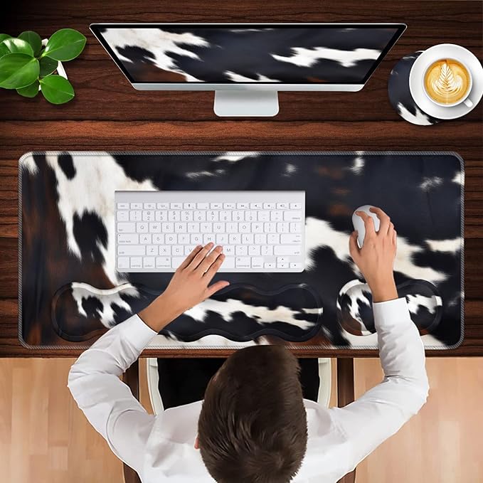 Keyboard Wrist Rest and Mouse Pad with Wrist Support Set Ergonomic CoasterMemory FoamEasy Typing Pain ReliefLarge XL Desk Mat 31.5x 11.8Cute Cowhide Brown Black Cow