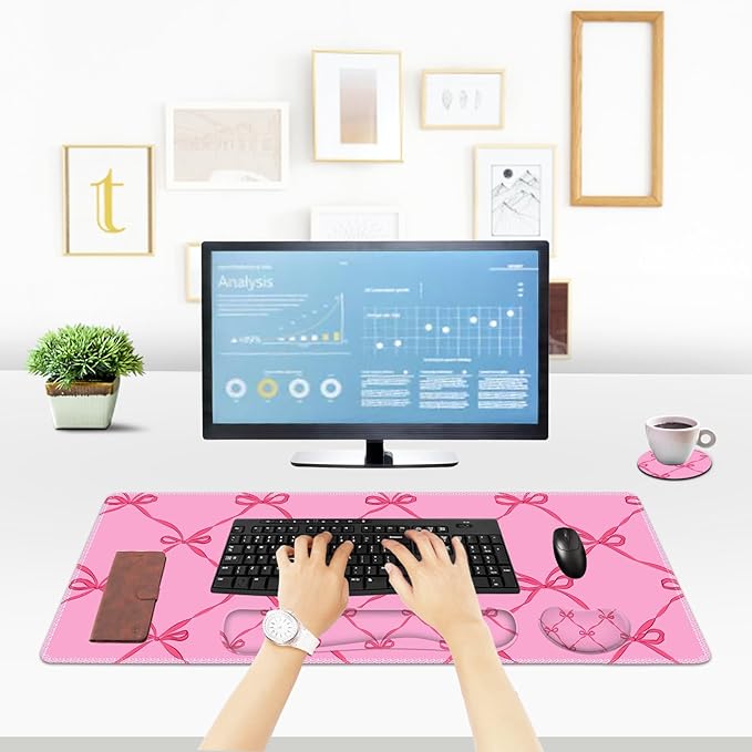 ToLuLu Large Mouse Pad Desk Pad Set Wrist Rest Support Desk Mat for Keyboard Mouse 4PCS 35.4”x15.7 XXL Giant Mouse Pad Non-Slip Base Stitched Edges Mousepad Office Desk Decor Hot Pink Bow
