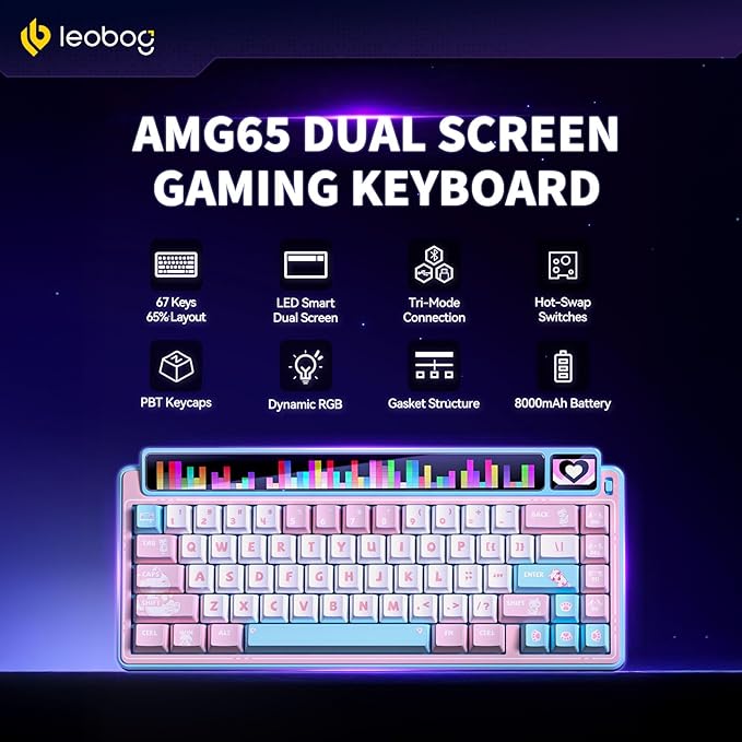 x Aula AMG65 Mechanical Gaming Keyboard w/Dual Screen 65% Wireless Small Custom Keyboard RGBBluetooth/2.4G/Wired Rapid Trigger Hot Swappable for Windows Laptop PC Mac - Pink/Blue