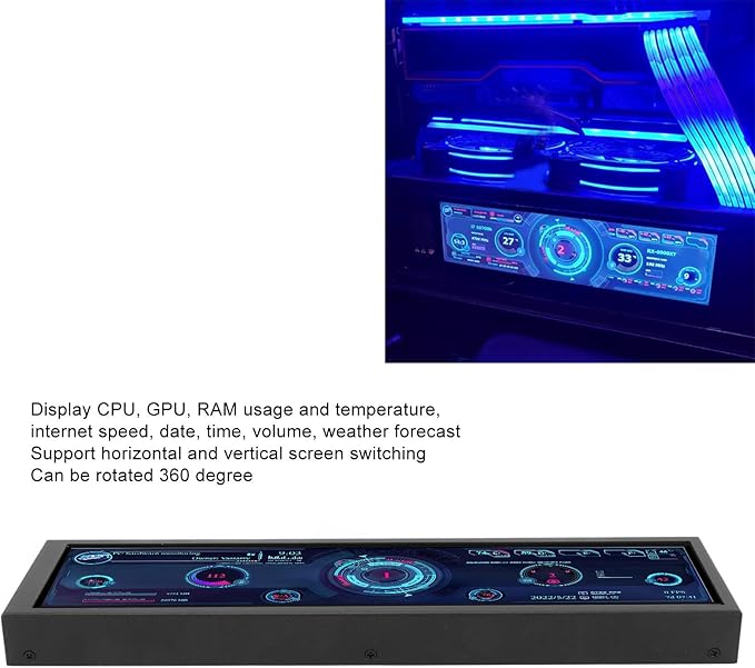 Zopsc 8.8 Inch Display 1920x480 Resolution CPU GPU SSD Data Temperature Monitor Chassis Sub Screen for RPi with Horizontal and Vertical Screen Switching 360 Degree Rotation