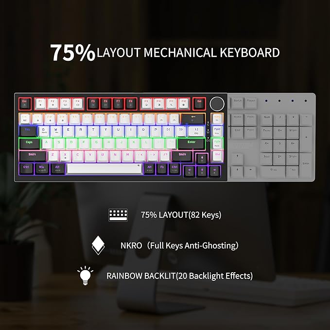 Newmen GM326 Wired Mechanical Keyboard75% Percent Mini Backlit Hot Swappable Gaming Mechanical Keyboard with Knob82 Keys Anti-Ghosting Compact Gaming Keyboards for PC Win MacBlack/WhiteRed Switch
