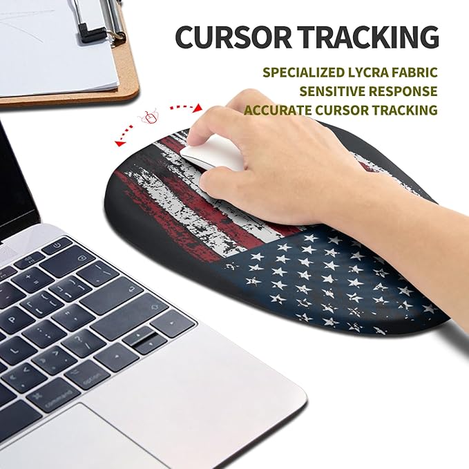 Hokafenle Ergonomic Mouse Pad Wrist Support Terraced Slope Carpal Tunnel Wrist Pad for Mouse with Unibody Memory Foam Wrist Rest Pain Relief Mousepad (US Flag 11.8x7.9 in)