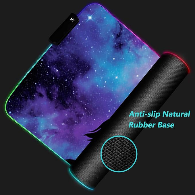 RGB Gaming Mouse Pad with Coffee Coaster Blue Galaxy Nebula Horse Design XXL Large Glowing LED Mousepad Anti-Slip Rubber Base Computer Keyboard Desk Mouse Mat 31.5 X 11.8 Inch