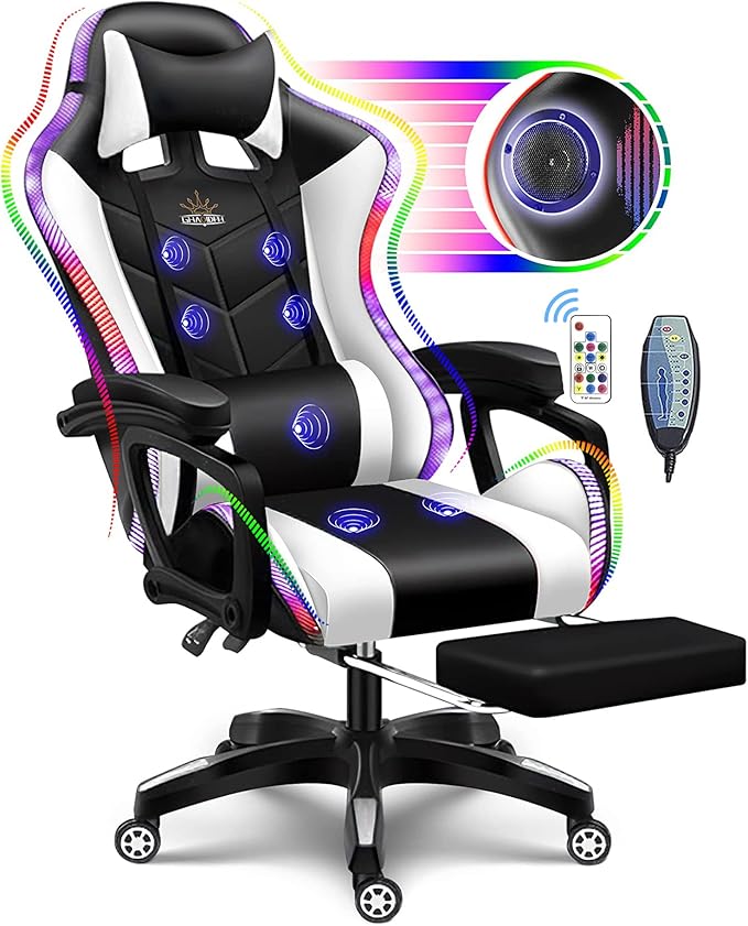 Gaming Chair Massage with Bluetooth Speakers and Led Lights Ergonomic Computer Gaming Chair with Footrest RGB Video Game Chair with High Back Lumbar SupportWhite