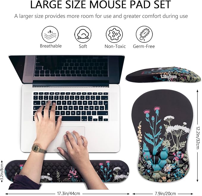 Mouse Pad Wrist Support Laokiiy 2 in1 Keyboard Wrist Rest+ Ergonomic Mouse Pad Non-Slip Wrist Rest for Computer Keyboard Made Easy Typing &amp Relieve Wrist Pain(Flower)