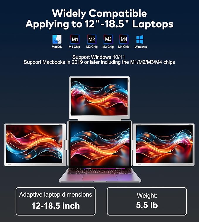 16 Laptop Screen Extender Just 1 Cable for 3 Screens Quad Monitor 1200P FHD Screen Extender for 12-18.5 Laptops Triple Portable Monitor for Wins/Mac M1|M2|M3|M4|M5