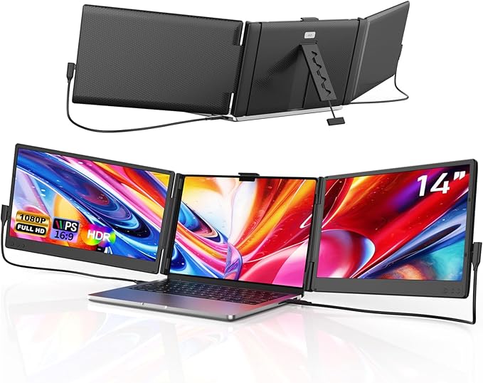 Laptop Screen Extender 14'' FHD 1080P IPS Portable Monitor for Laptop Triple Screen Extender Monitor Plug-Play for Mac/Windows/Chrome Fit 13”-17.3” Laptops