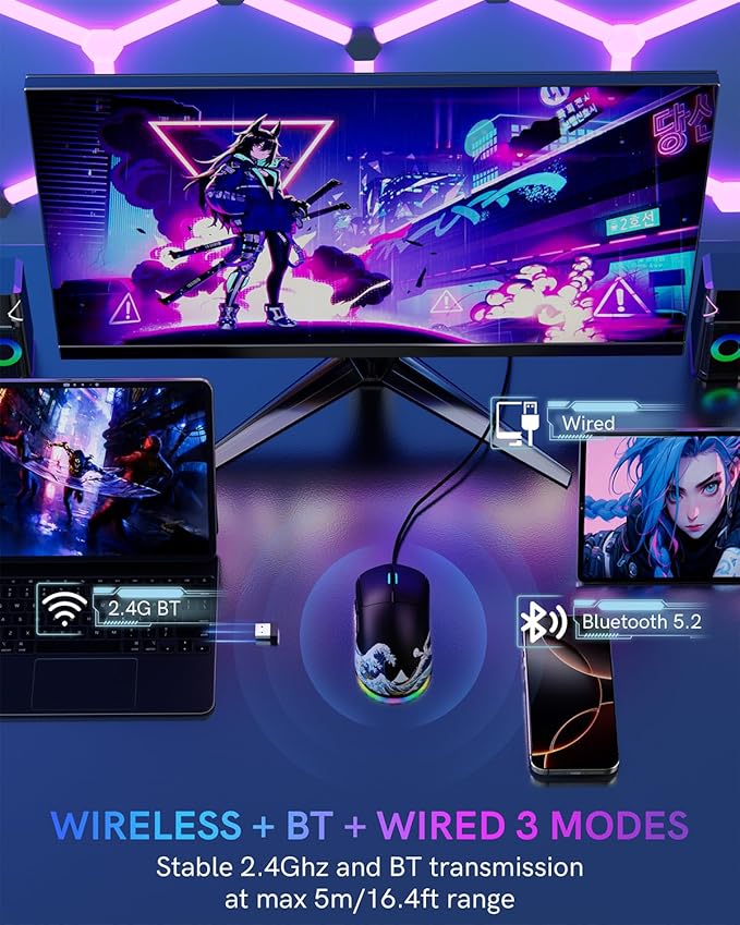 G57 Wireless Gaming Mouse 8000 DPI 80g 2.4G/Bluetooth/USB-C Rechargeable Wireless Mouse with 5 Programmable Buttons for PC/Mac Black