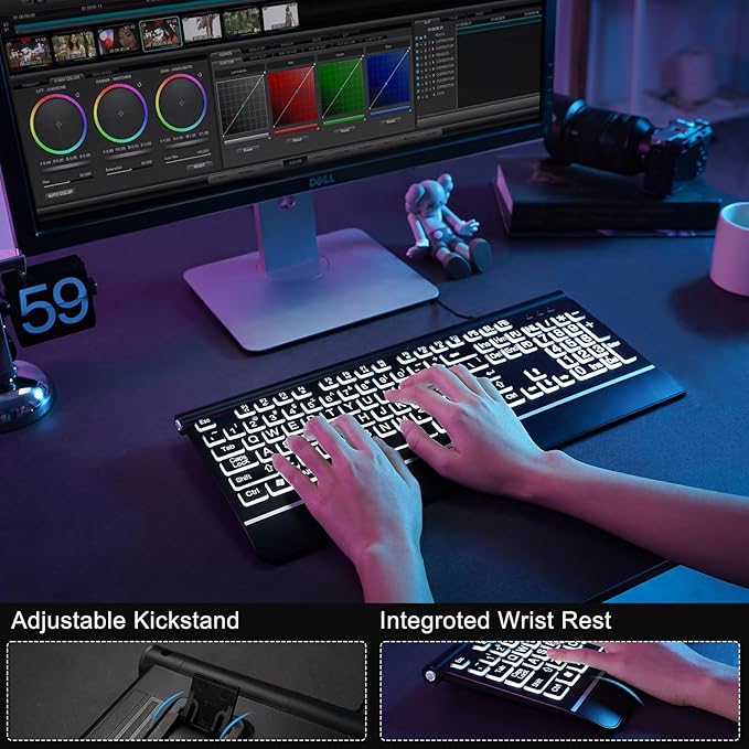 Large Print Backlit Computer Keyboard 7-Color Backlit Keyboard with Wrist Rest USB Plug-and-Play Oversize Letters Keys Easy to See and Type Wired Light Up Keyboards for Laptop PC Gaming