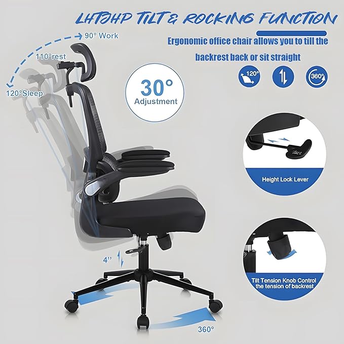 Ergonomic Office Desk Chair330 LBS Home Mesh Office Desk ChairsLumbar Support Computer Chair with Flip-up ArmsHigh Back Office Chair for Long Hours Office Chair for Study and WorkBlack