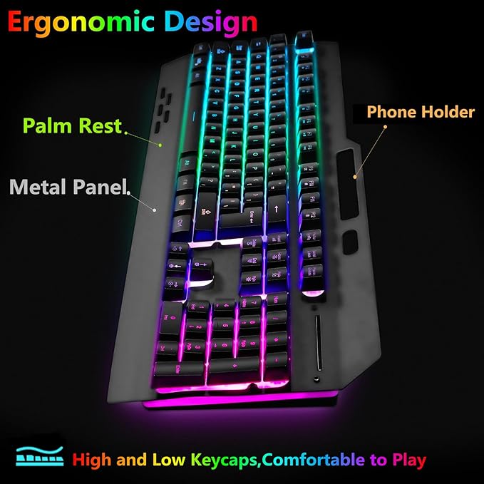 Wireless RGB Gaming Keyboard and Mouse - Rechargeable BacklitLong Battery LifeMetal Panel Mechanical Feel with Palm Rest7 Color Gaming Mouse and Mouse Pad for Game and Work