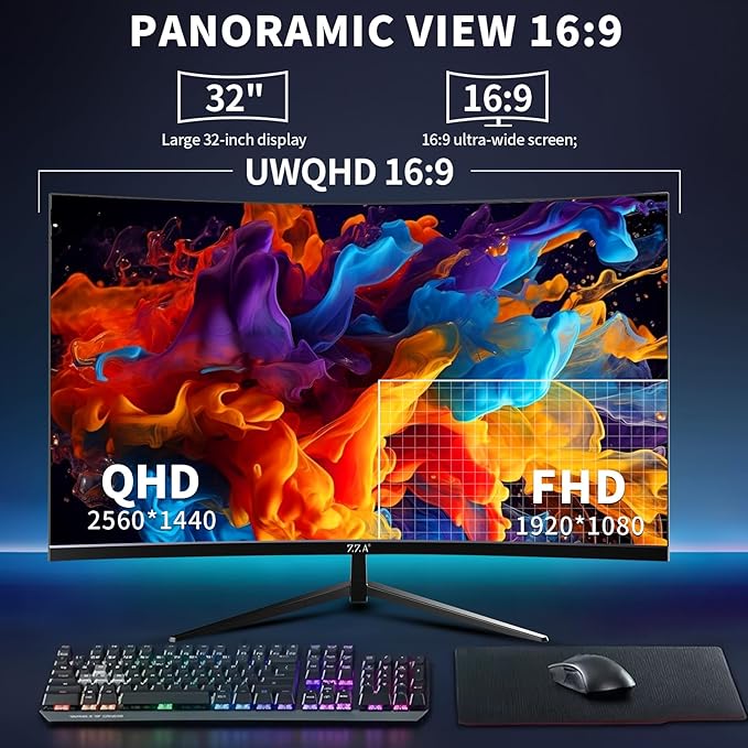 ZZA 32 Inch Curved Gaming Monitor QHD 2560x1440 Ultra 300Hz &amp 240Hz Refresh Rate Computer Monitor VA Panel1500R 1ms HDR AMD FreeSync Premium NVIDIA G-SYNC Compatible