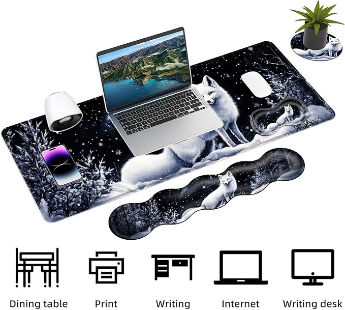 Keyboard Mouse Pad Set Extended Gaming Mouse Pad+Ergonomics Keyboard Wrist Rest Support Memory Foam Easy Typing Pain Relief 4Pcs XL Ultra Thick Desk MatFox Snowy Night Sky