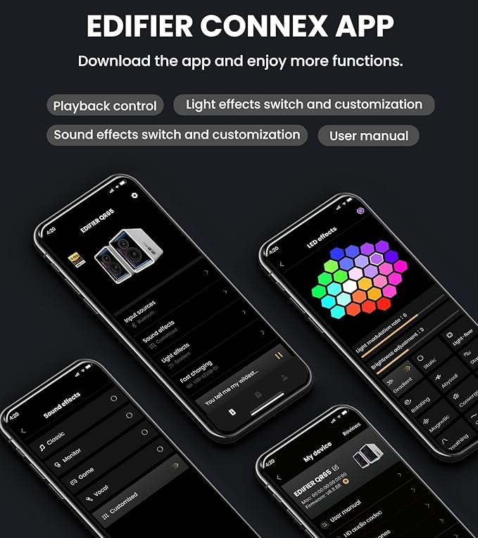 Edifier QR65 Desktop Active Monitor with 2.75 Long-Throw Aluminum Diaphragm mid-Low Drivers Hi-Res Audio Brilliant Light Effects 70W Output Power Bluetooth Speakers with Stands - Black