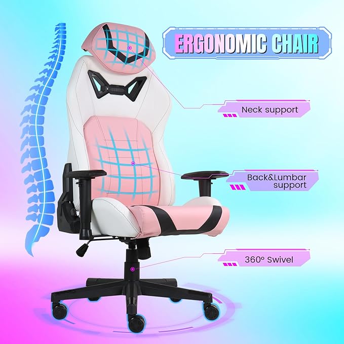 DIKEP Gaming Chair Video Game Chair with Footrest Lumbar Support Headrest PU Leather High Back Computer Chair for Home Office Pink White