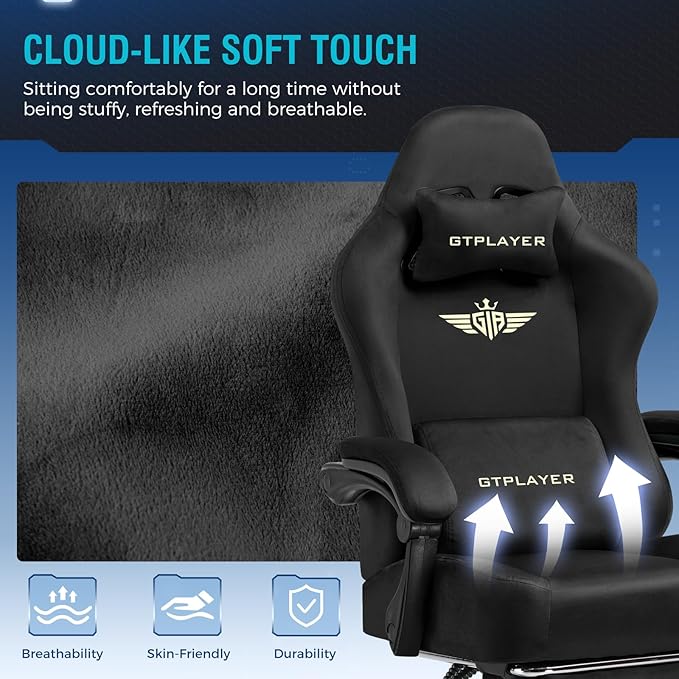 GTPLAYER Big and Tall Gaming Chair Fabric with Pocket Spring Cushion High Back Ergonomic Computer Chair with Footrest for Adults Lumbar Support Swivel Game Chair for Office Gaming 350LBS Black