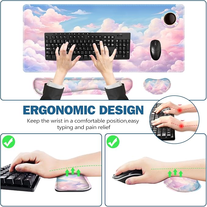 ToLuLu Large Mouse Pad Desk Pad Set Wrist Rest Support Desk Mat for Keyboard and Mouse 4PCS 35.4”x15.7 XXL Giant Mouse Pad Non-Slip Base Stitched Edges Mousepad for Home Office Dreamy Clouds