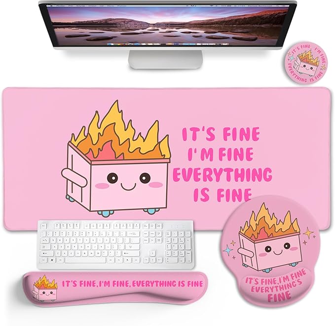 Blusabaca Dumpster on Fire Mouse Pad Desk Pad Funny Cute Desk Mat Large Gaming Mouse Pad with Wrist Rest Keyboard Pad Wrist Rest Ergonomic Cup Coaster Work Home Desk Accessories Office Supplies