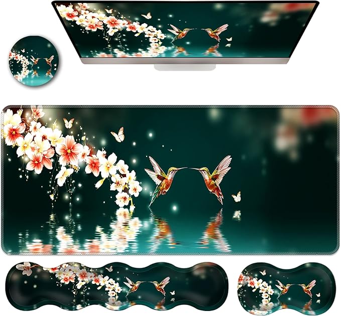 Ergonomic Keyboard Wrist Rest &amp Mouse Pad Wrist Rest SetXL Gaming Desk Mat 31.5x 11.8Non-Slip BaseMemory FoamEasy Typing Pain Relief for Office &amp HomeHummingbirds and Flowers