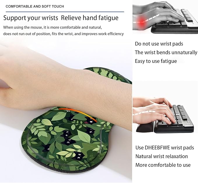 Keyboard Mouse Pad SetLarge Desk Pad+Keyboard Wrist Rest+Mouse Wrist Support+CoasterEasy Typing Pain Relief Non-Slip Wrist Support Mousepad Set Home OfficeBlack Cats in The Leaves