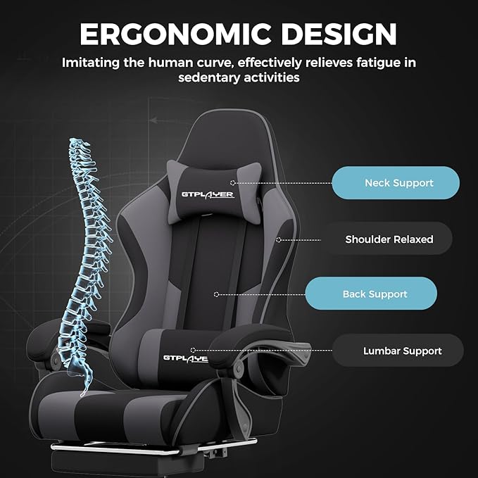 GTPLAYER Gaming Chair Computer Chair with Footrest and Lumbar Support Height Adjustable Game Chair with 360°-Swivel Seat and Headrest and for Office or Gaming (Darkgray Fabric)