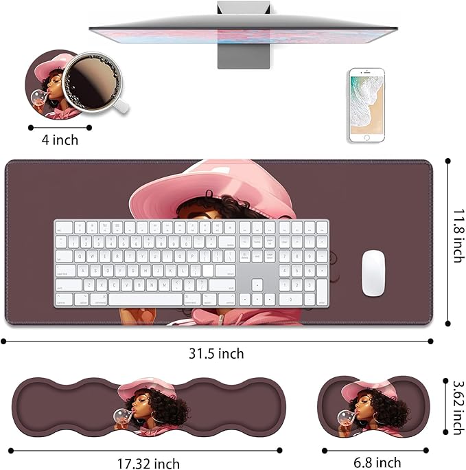 4 in 1 Ergonomic Keyboard Wrist Rest &amp Mouse Pad Wrist Rest Set Large XXL Gaming Desk Mat 31.5x 11.8 with Non-Slip Base Memory Foam for Home Office Study Gaming African American Black Girl