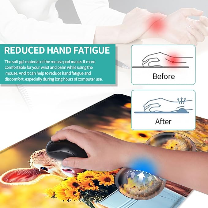 Keyboard Mouse Pad Set Extended Gaming Mouse Pad+Ergonomics Keyboard Wrist Rest Support Memory Foam Easy Typing Pain Relief 4Pcs XL Ultra Thick Desk MatCalf Sunflower Field