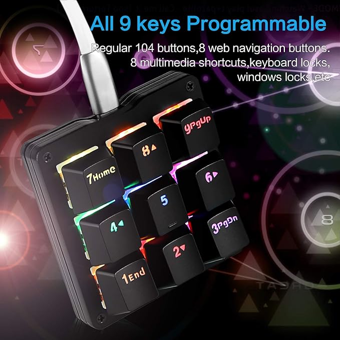 Koolertron One Handed Macro Mechanical Keyboard RGB LED Backlit Portable Mini One-Handed Mechanical Gaming Keypad OSU! Keyboard 9 Fully Programmable Keys Blue Switches