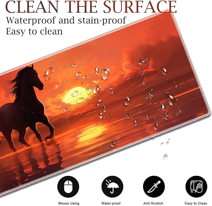 Large Gaming Table Pad 31.5 x 11.8 + Keyboard Wrist Pad + Mouse Wrist Pad + Coaster Non-Slip Base 4-in-1 Set Ergonomic Memory Foam Easy Typing Pain Relief Sunset Horse